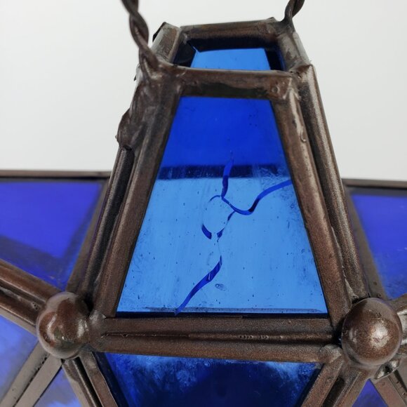 Vintage 3 Dimensional  Stained Glass 6 Points Blue Star Candleholder - Picture 3 of 6